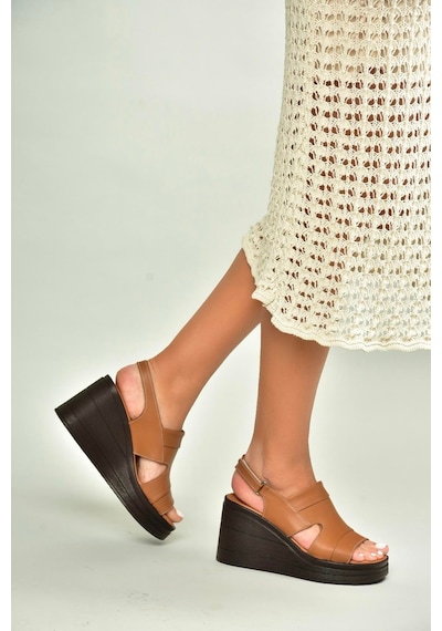 Fox Shoes U555960303 Taba Hakiki Deri Dolgu Topuklu Kadın Ayakkabı Taba-hakiki Deri