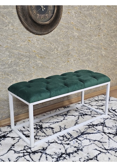 Zafir Beyaz Boyalı Diktörtgen 100 Cm X 40 Cm Oturak Puf - Bench - Makyaj Oturağı - Oturak Yeşil