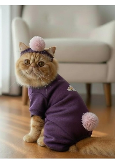 Purple Ponpon Pony Kedi Tulumu & Bere Takımı Şardonlu Polar Kumaş Tüy Dökülmesini Mor 2XL