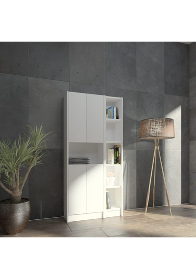 Flat85 Kitaplık 4 Kapaklı Kütüphane Çok Amaçlı Dolap Beyaz Çok Renkli