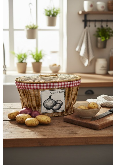 Akayev Rattan Patates Soğan Bölmeli Sepeti 28x39x21 Cm Kahverengi