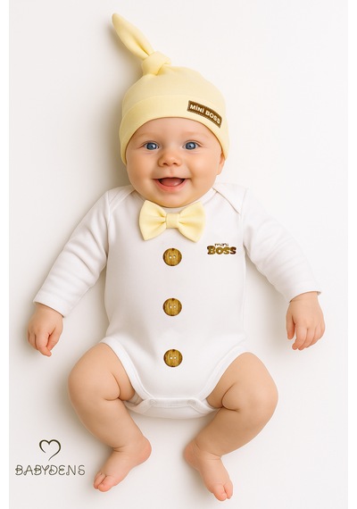 Babyden's Mini Boss Papyonlu Erkek Bebek Body Seti Şapkalı Yenidoğan Bebek Body-zıbın Takım Sarı