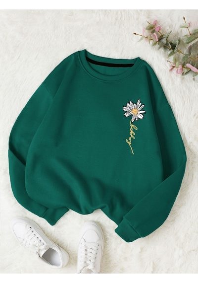 Startmore Haki Kadın Happy Daısy Özel Renkli Oversize Bisiklet Yaka Pamuklu