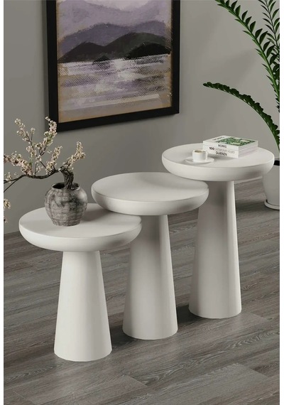 Wood Wooden Mat Beyaz 3 Lü Set Mantar Yan Sehpa Fiskos Çiçeklik Decorative Beyaz