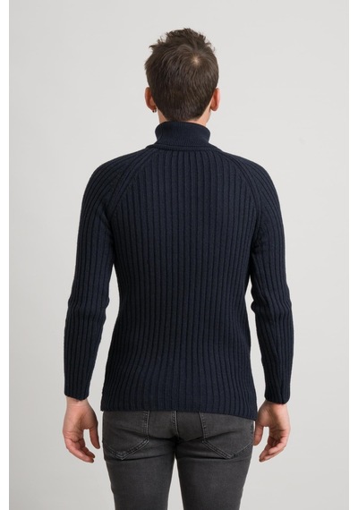 Slim Fit Çizgili Tam Balıkçı Pamuklu Kalın Triko Erkek Kazak 001