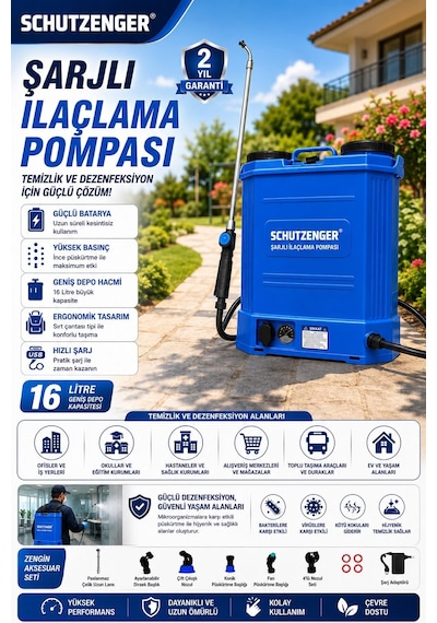 Şarjlı Sırt Tipi İlaçlama Pompası Akülü 16 Lt Makinesi Pro Turbo Tazikli Sch-2030w Mavi