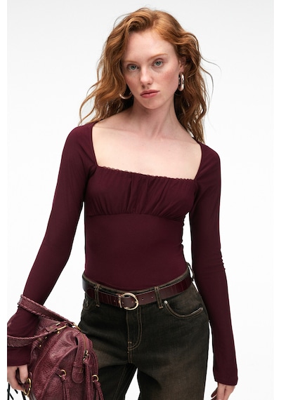 Grımelange SILIVRA Kadın Havuz Yakalı Esnek Kumaşlı Slim Fit Bordo Bluz