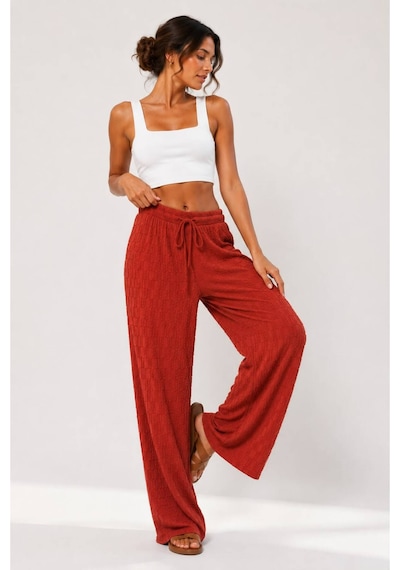 Hira Life Fashion Kadın Kumaşı Kabartma Detaylı Bol Paça Ve Önü Bağcıklı Salaş Burgu Şık Pantolon Kiremit Kiremit Hira Life Fashion Kadın Kumaşı Kabartma Detaylı Bol Paça Ve Önü Bağcıklı Salaş Burgu Şık Pantolon Kiremit Kiremit