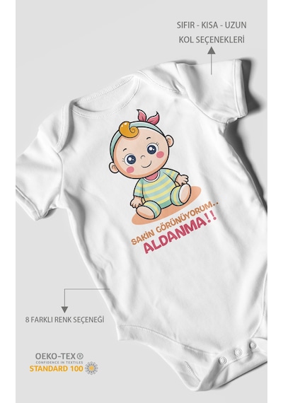 Sakin Görünüyorum Aldanma V2 Baskılı Bebek Zıbını Çıtçıtlı Body %100 Pamuk Kısa Kol Beyaz