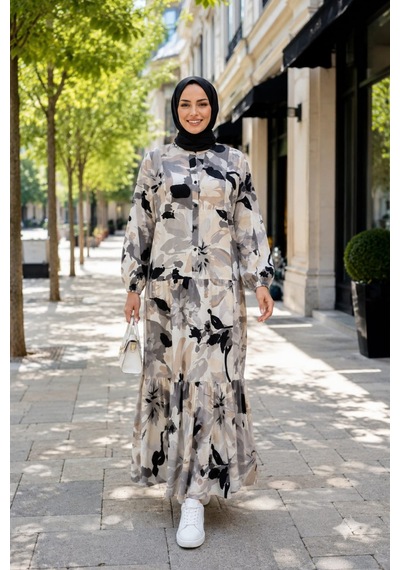 Hb Harma Time Butik Kadın Rahat Kesim Desenli Modal Kumaş Bej Elbise Bej Bej
