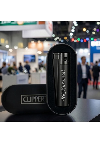 Bk Kurumsal Firma İsimli Siyah Clipper Çakmak 10 Adet Metal Gövdeli Hediye Kutulu