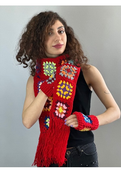 Gönülden Tasarım El Örgüsü Etnik Motif Desenli Atkı Eldiven Set Atkı 180 Cm Kırmızı