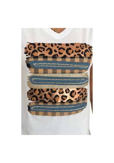Cassime Kadın Leopar Desenli %100 Pamuk Beyaz V Yaka T-shirt