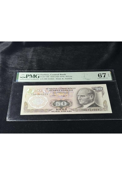 Türk Lirası Pmg 67 Epq Superb Gem Unc 50 Lira P 188 1970 Nd 1976 S/n I90 6. Emisyon 2. Tertip