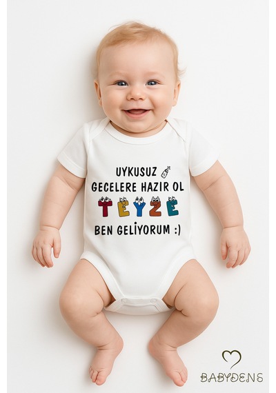 Babyden's Uykusuz Gecelere Hazır Ol Teyze Yazılı Pamuk Çıtçıtlı Bebek Zıbını Kısa Kollu Body Unisex Beyaz