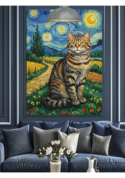Van Gogh Kedi Dekoratif Kanvas - Mdf Ahşap Tablo