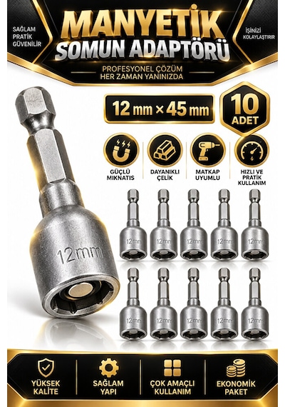 Manyetik Somun Adaptörü 12x45 Mm 10 Adet Lokma Bits Ucu Matkap Vi