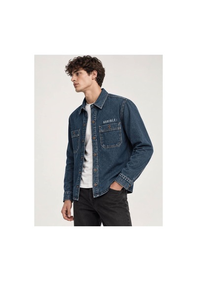 Little Cup Jeans Co Koyu Mavi Premium Tok Kumaş Çift Cep 90lar Erkek Denim Kot Gömlek Açık Mavi