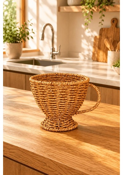 Atbyhome Doğal Hasır Rattan Kupa Formunda Ayaklı Sepet 15x13 Cm - Kulplu Masa Üstü Ekmeklik Ve Meyvelik Kahverengi