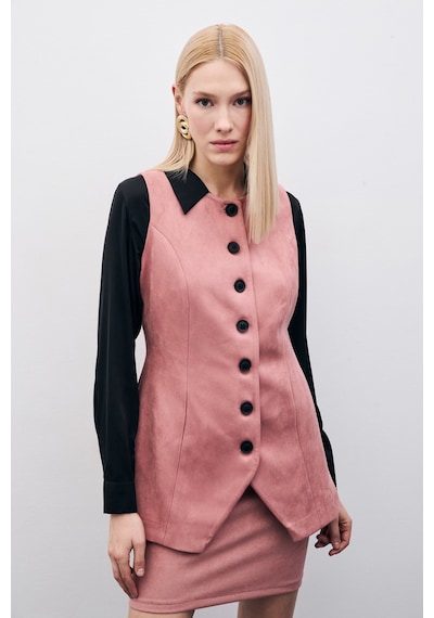 Sateen Düğmeli Uzun Süet Yelek - Pudra-135509 Pudra