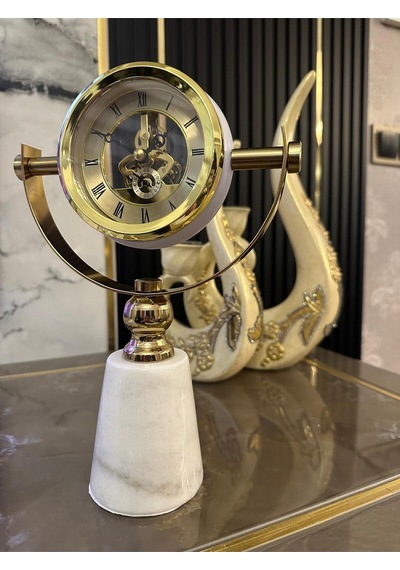 Lüks Gold İskelet Mekanizmalı Mermer Tabanlı Dekoratif Masa Saati Altın