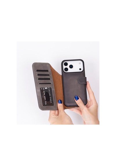 Bloomcase Magic Wallet Ash Gray Apple Uyumlu iPhone 17 Pro 6.3" Hakiki Deri Çıkarılabilir Cüzdanlı Telefon Kılıfı Gri