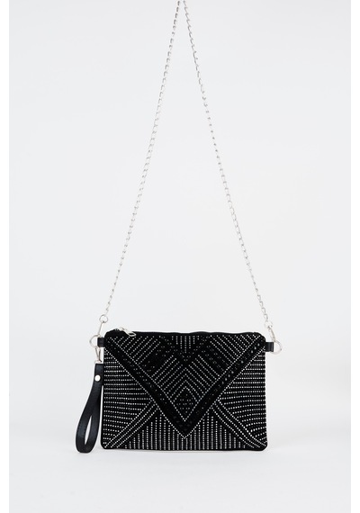 Vivaq Kadın Geometrik Gümüş Taşlı Süet Bilek Askılı Ve Zincir Askılı Portföy El Ve Clutch Çanta SİYAH