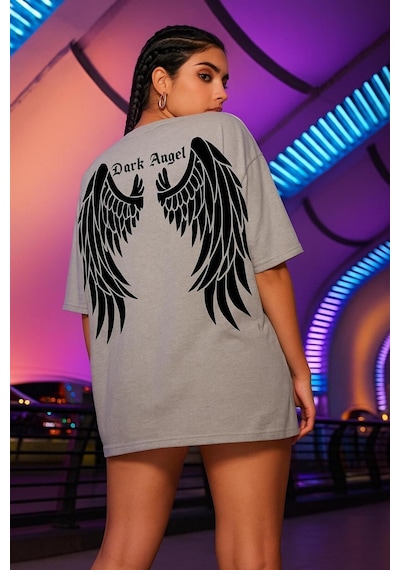 Dark Angel Baskılı Oversize T-shirt Gri