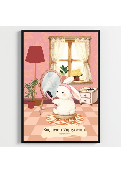 Besay Bantlı Tavşan Eğlenceli Banyo Ve Makyaj Odası Duvar Dekorasyonu Aynada Saç Tarayan Komik Hayvan Poster Tablo A3 Tek