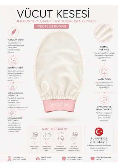 Ekru Lastikli Banyo Duş Kesesi Peeling Eldiveni %100 Floş Ipek Hassas Ciltler Için