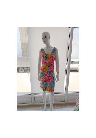 Çınar Boutique V Yaka Yaprak Desenli Elbise Çok Renkli Çok Renkli