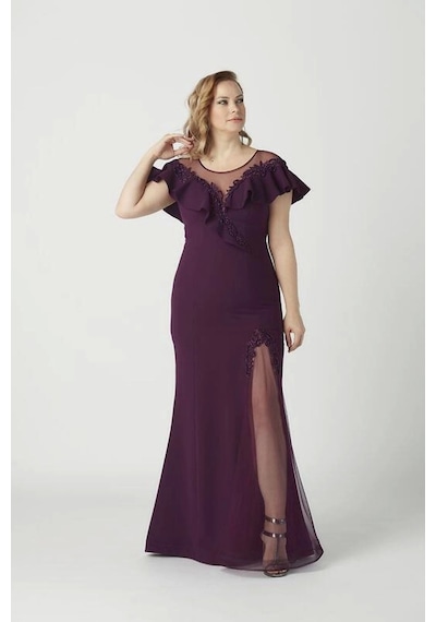 Moda Berray 21923 Mürdüm Yırtmaçlı Işlemeli Şık Büyük Beden Abiye Elbise Mürdüm
