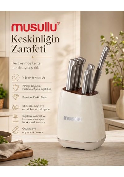 Musullu Mkn-6020 Standlı Bıçak Seti Krem - Gümüş
