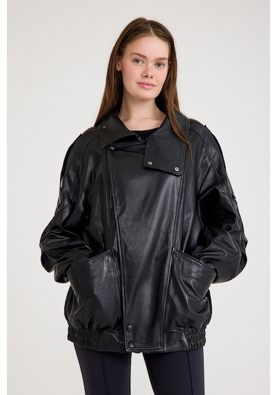 Oversize Bayan Deri Ceket Vb-20-bk-2847-24116 Siyah