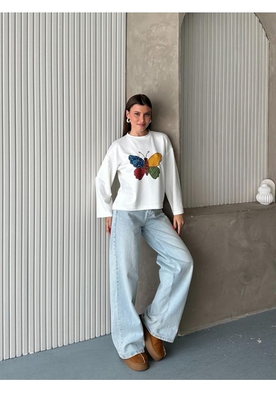 Trend Paris Kadın Bisiklet Yaka Geniş Kol Desenli Dökümlü Bluz Sarı Sari