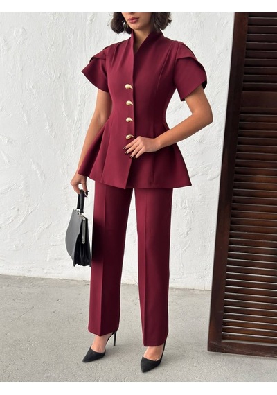 Duygudan Gold Düğme Detaylı Peplum Kesim Şık Kadın Takım - Bordo Çok Renkli