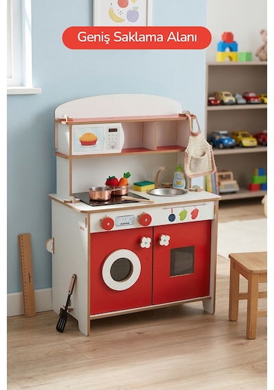 Rozitoys Ahşap Montessori Minimal Led Ocak Tasarımlı Çocuklar İçin Eğitici Mutfak 5977