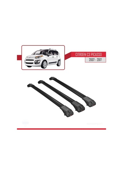 Citroen C3 Picasso 2007 - 2017 Arası İle Uyumlu Ace-1 Ara Atkı Tavan Barı Siyah 3 Adet Bar