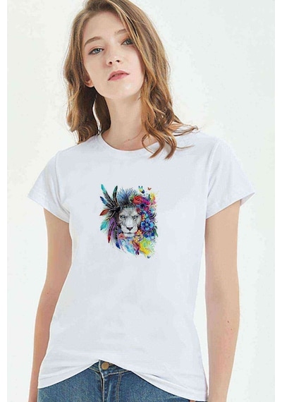 Aslan Sanat Çizim Poster Boyama Aslan Baskılı Beyaz Kadın Tshirt