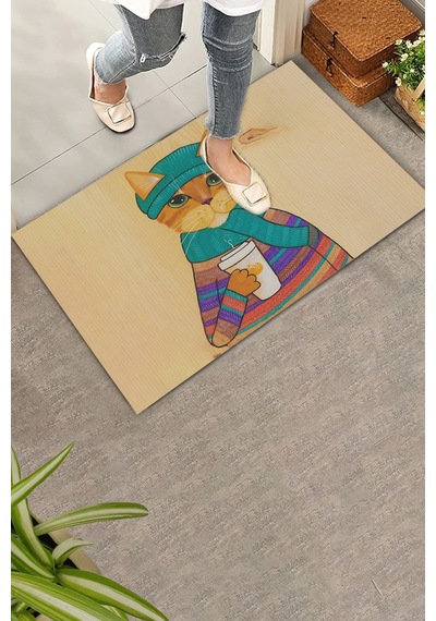Valerine Life Kedilatte Parke Desenli Krem Rengi Welcome Hoş Geldiniz Kapı Önü Paspası 45x70cm Kahverengi