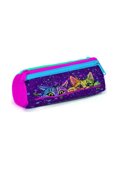 Coral High Kids Mor Pembe Kedi Desenli Üç Bölmeli Kalem Çantası 22032 Çok Renkli