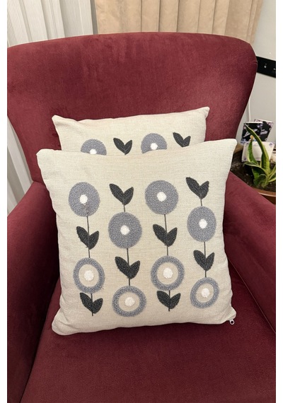 Punch İşlemeli Modern Tasarım Dekoratif 2'li Kırlent Kılıfı Nakışlı Keten 43x43 Cm Gri-beyaz-antrasit
