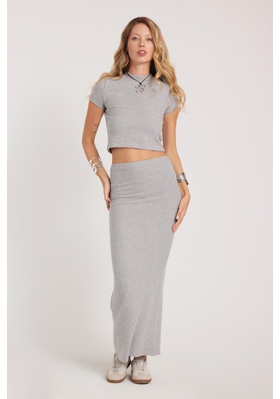 Tudors Kadın Slim Fit Dar Kesim Yırtmaçlı Gri Etek-41344 Gri