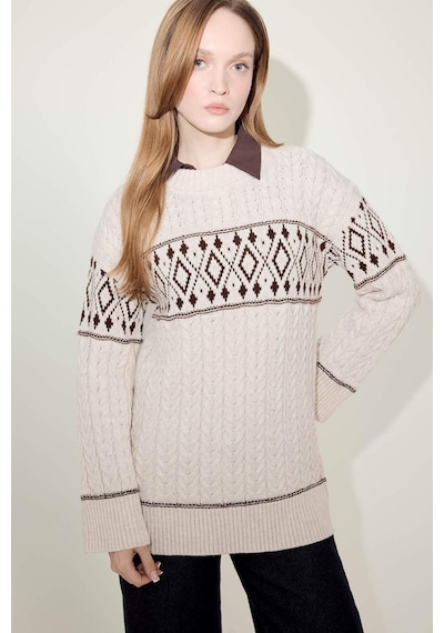 Defacto Regular Fit Bisiklet Yaka Desenl Triko Kazak Tunik G6341ax25wner218 Ekru-er218
