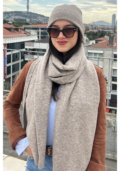 Mollycrush Kadın Kışlık Ekru Atkı Bere Seti Şık Örgü Set Gri