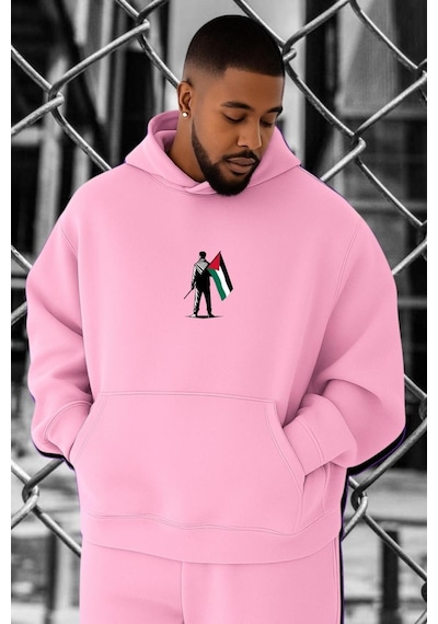 Benroma 3 İplik Penye Filistin Baskılı Büyük Beden Sweatshırt Pembe
