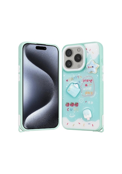 Zore İphone 15 Pro Kılıf Parlayan Simli Kabartma Figürlü Ogaa Cevze Kapak - Yeşil