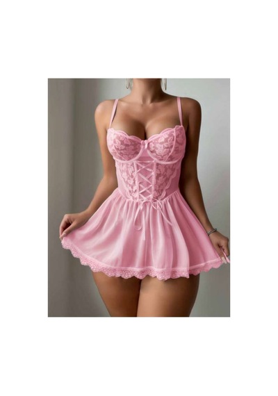 Real Passione Korse Görünümlü Kadın Tül Gecelik Külot Takım Pembe - 906732407 Pembe