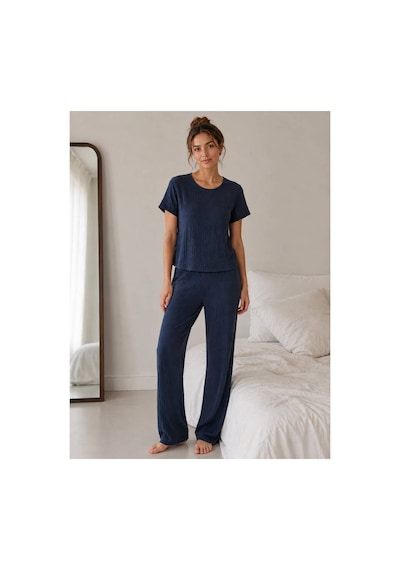 Pijamask Kadın Lacivert Kısa Kollu Uzun Pantolonlu Pijama Takımı Rahat Ev Giyim Uyku Takımı Lacivert