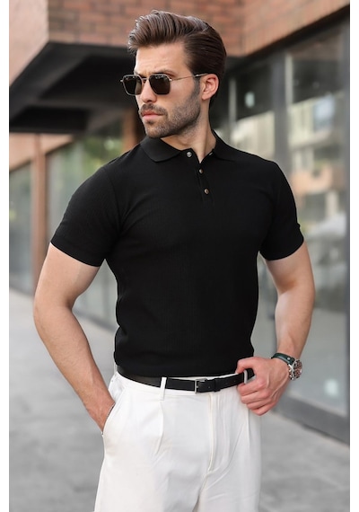Madmext Siyah Çıt Kapamalı Polo Yaka Triko Erkek Tişört E7493